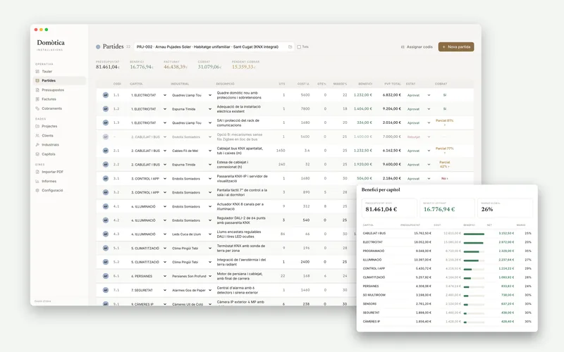 App de escritorio con la tabla de partidas de una instalación domótica y un detalle del beneficio por capítulo. Datos de demostración.