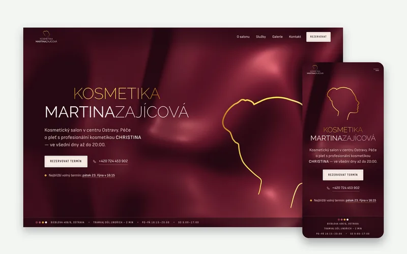 Web de Kosmetika Zajícová en escritorio y en móvil, con un perfil de mujer dibujado en oro.