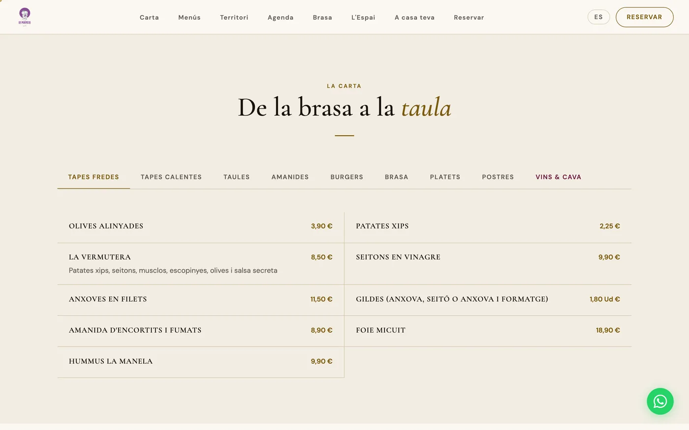 Carta por pestañas con tapas, brasa y vinos, con precios.