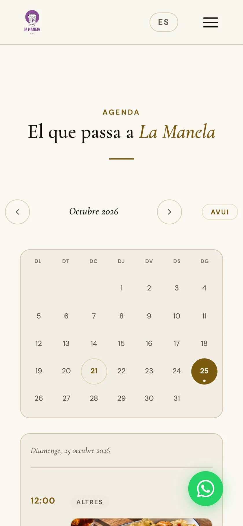Vista móvil del calendario de eventos.