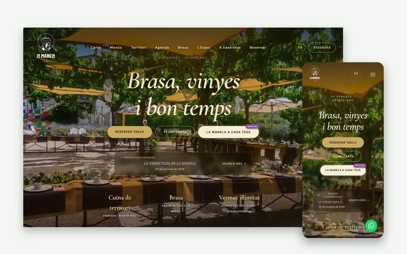Web de La Manela en escritorio y en móvil, con mesas entre viñas en la portada.