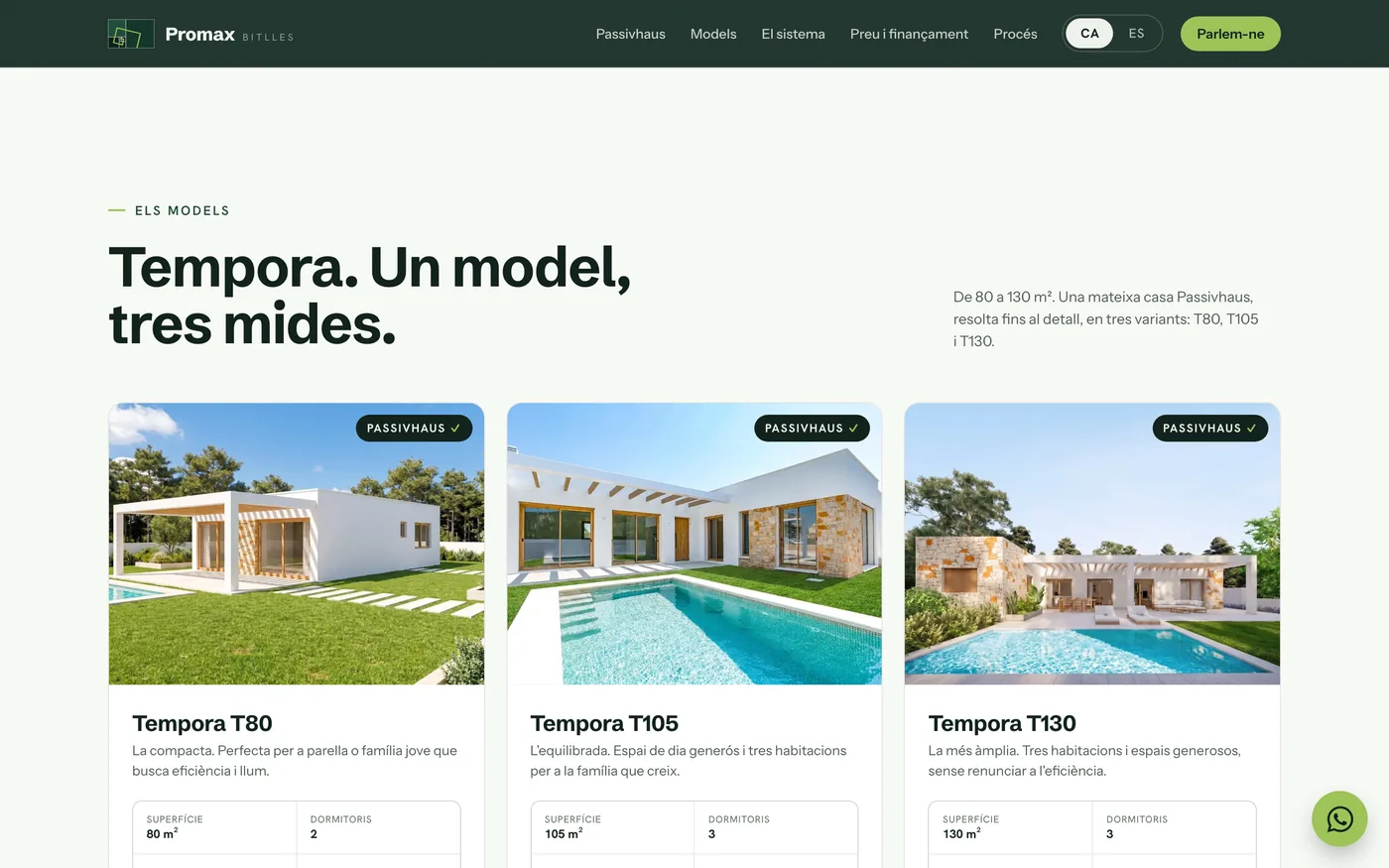 Los modelos Tempora T80, T105 y T130 con fotografía, superficie y precio.