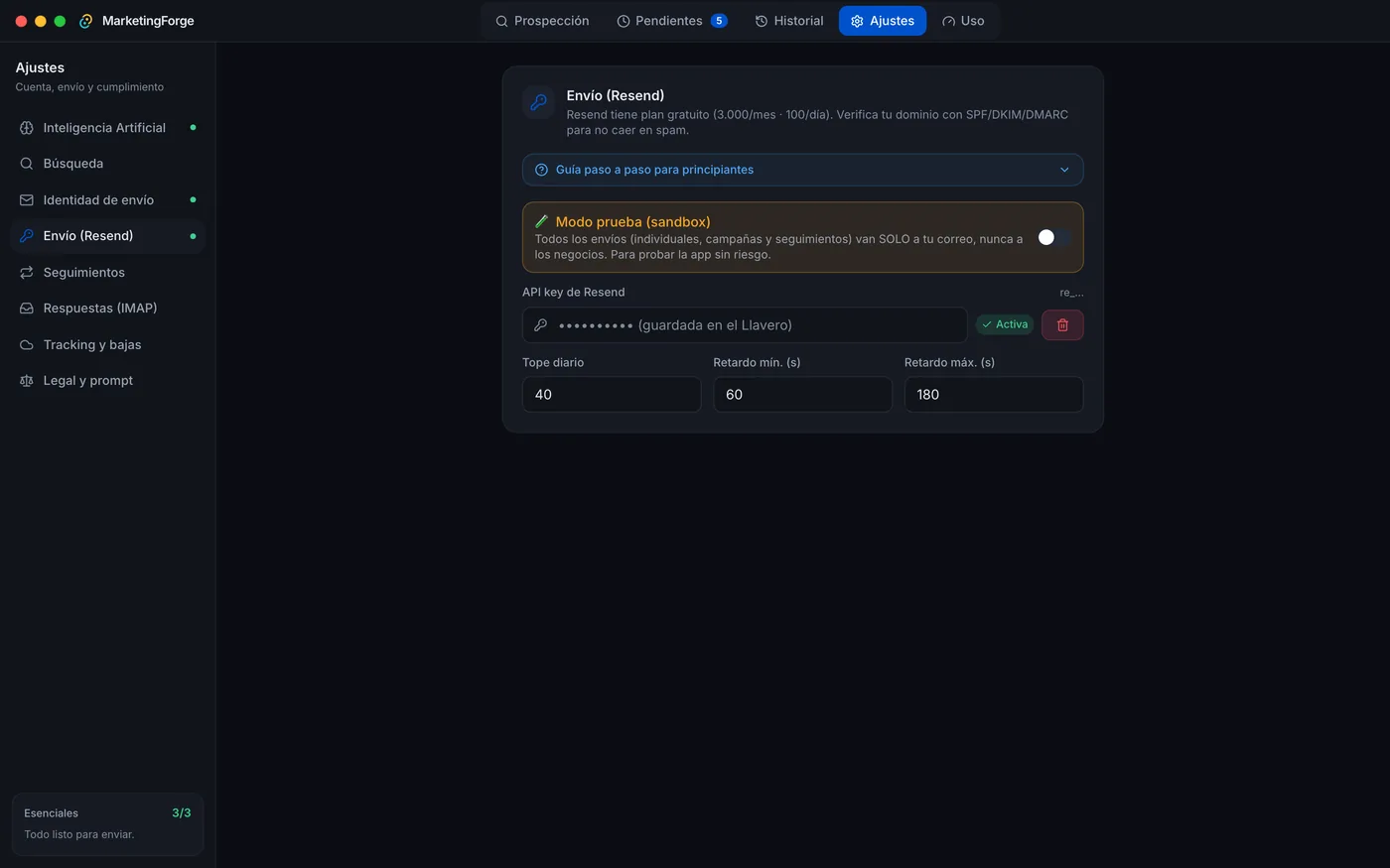 Ajustes de envío con la clave guardada en el Llavero de macOS, el modo de prueba y el tope diario.