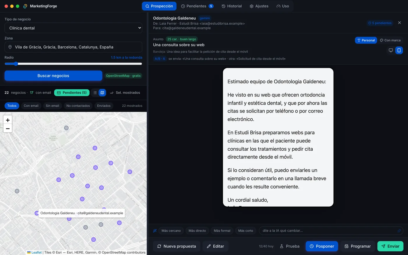 Mapa sin rótulos con los negocios encontrados y la vista previa del email en móvil.