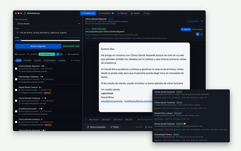 App con una lista de negocios encontrados, el email redactado por la IA y un detalle del acuse de recibo de los envíos. Datos de demostración.