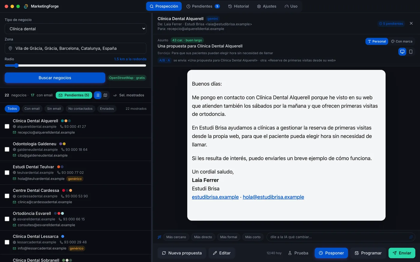 Lista de clínicas dentales con emails y colores de marca junto al email que ha redactado la IA, en tono formal.