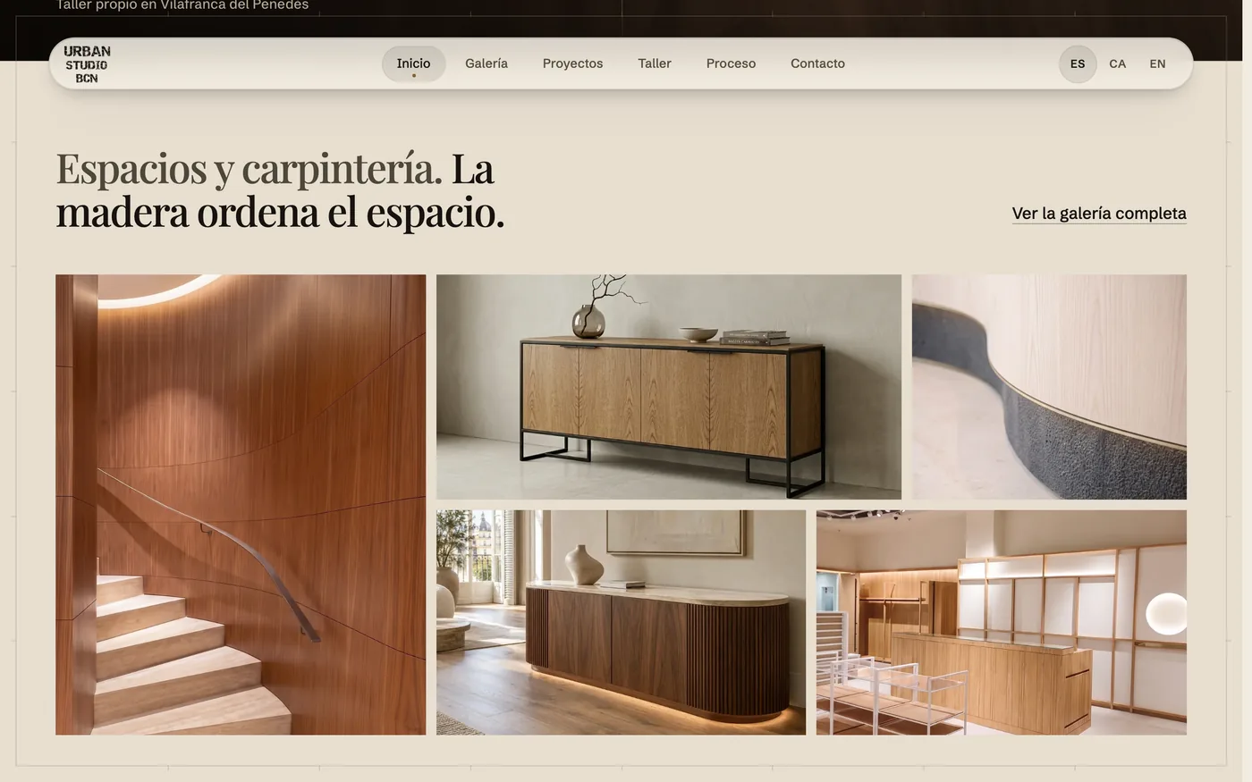 Cuadrícula de fotografías de obras de carpintería en tiendas, oficinas y hoteles.